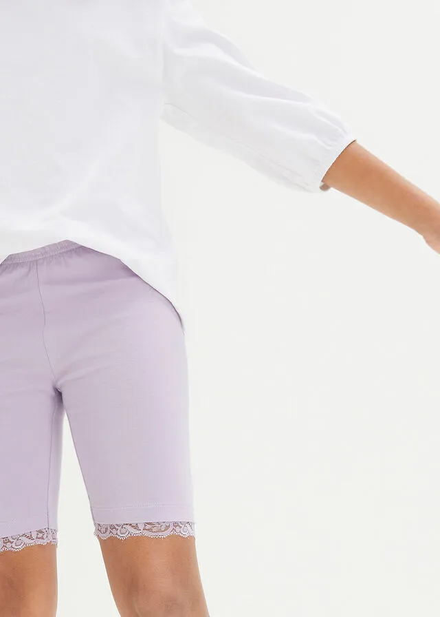 Pantalón ciclista para niñas con encaje (2 unidades) con algodón orgánico Blanco-lila pastel